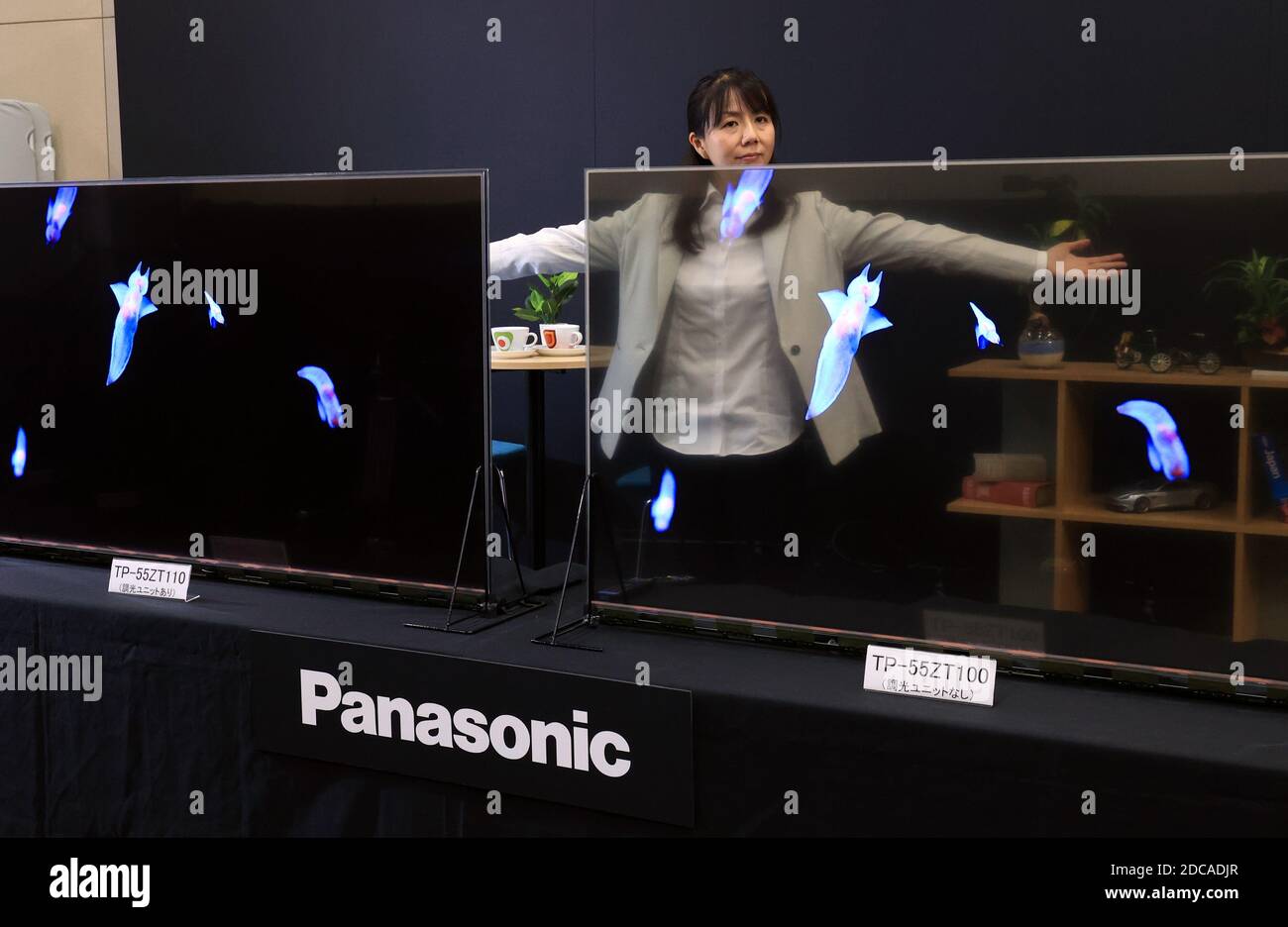 Kadoma, Japan. 20th Nov, 2020. Japanese electronics giant Panasonic unveils 55-inch sized transparent organic light emitting diode (OLED) panel at the company's laboratory in Kadoma city in Osaka on Friday, November 20, 2020. Panasonic will put two models on the market next month, one is see-through model and another is dimmable model with dimming unit which can display high contrast and clear images. Credit: Yoshio Tsunoda/AFLO/Alamy Live News Stock Photo