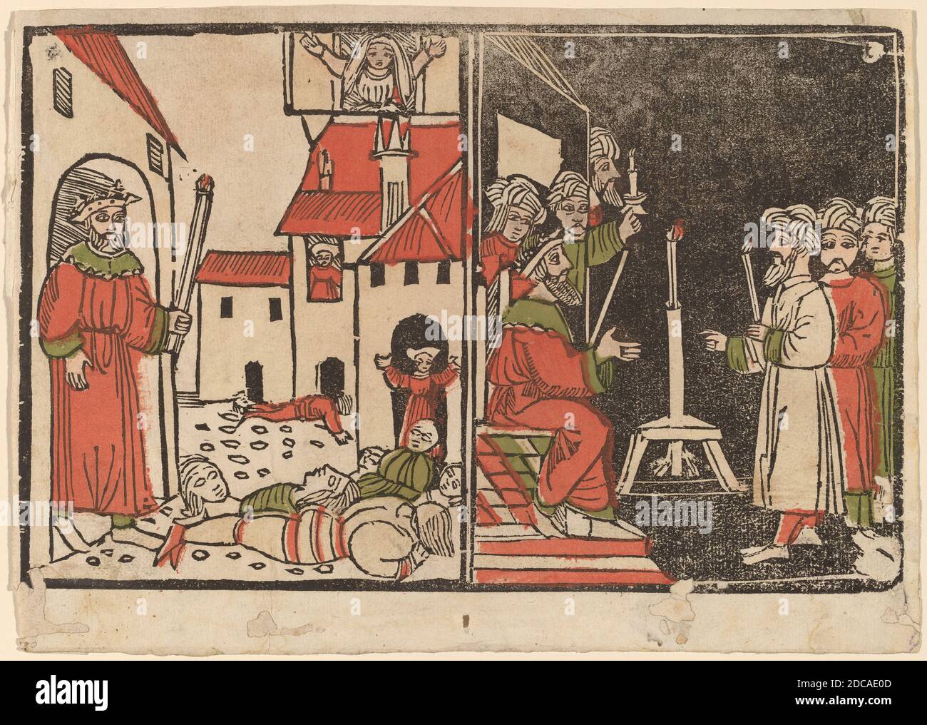 Spanish (Castile), (artist), Massacre of the Firstborn and Egyptian Darkness, c. 1490, hand-colored woodcut Stock Photo