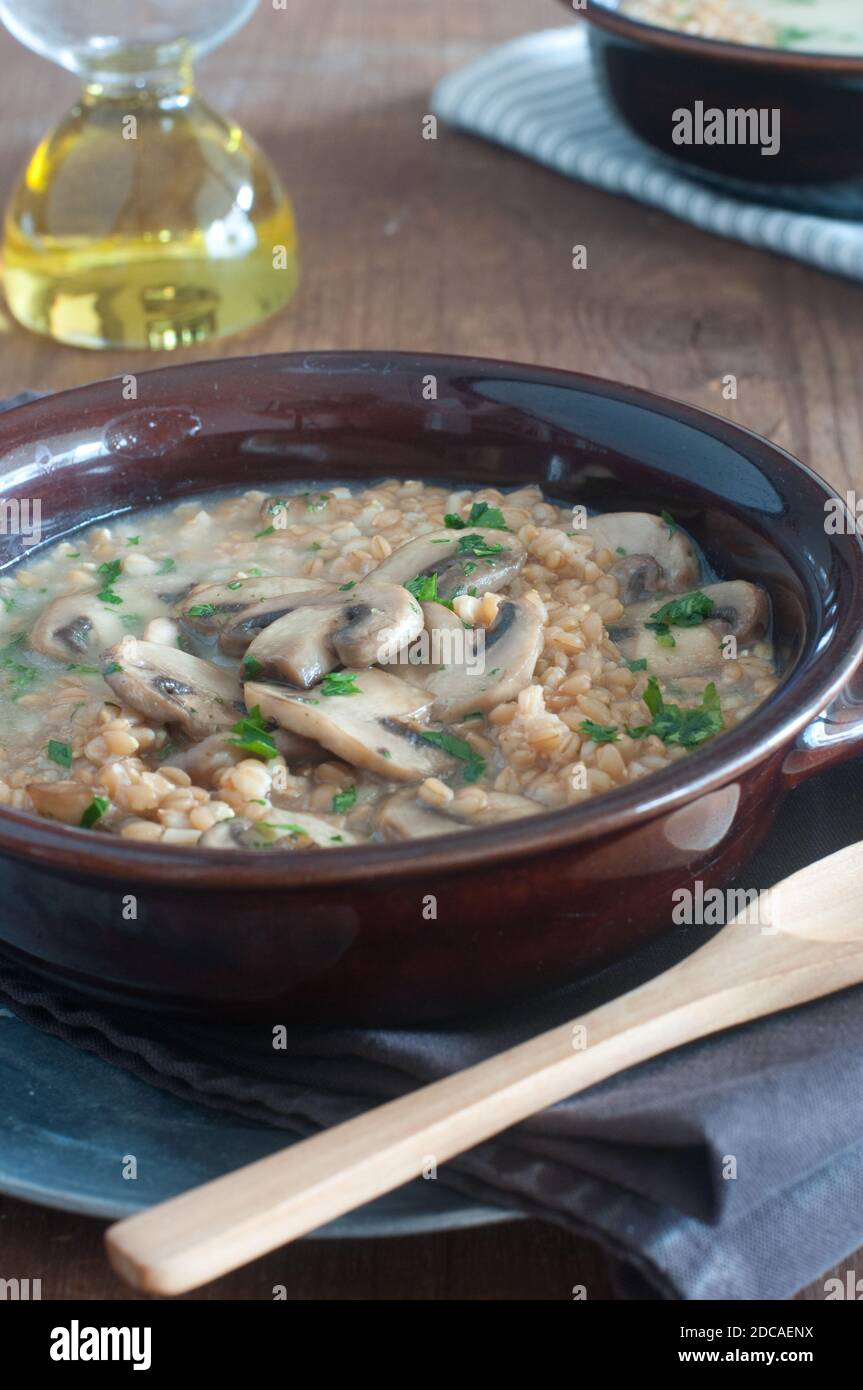 Soup with spelled and mushrooms Stock Photo