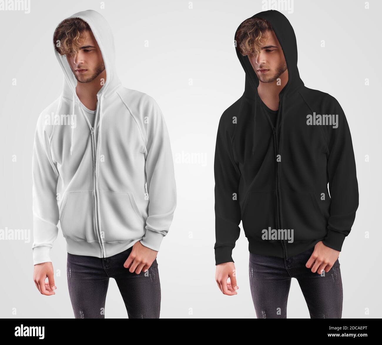 Download Mockup Of A White Black Hoodie With A Zipper With Ties A Pocket On A Guy In A Hood Front View Sweatshirt Template With Cuffs Isolated On Backgro Stock Photo Alamy