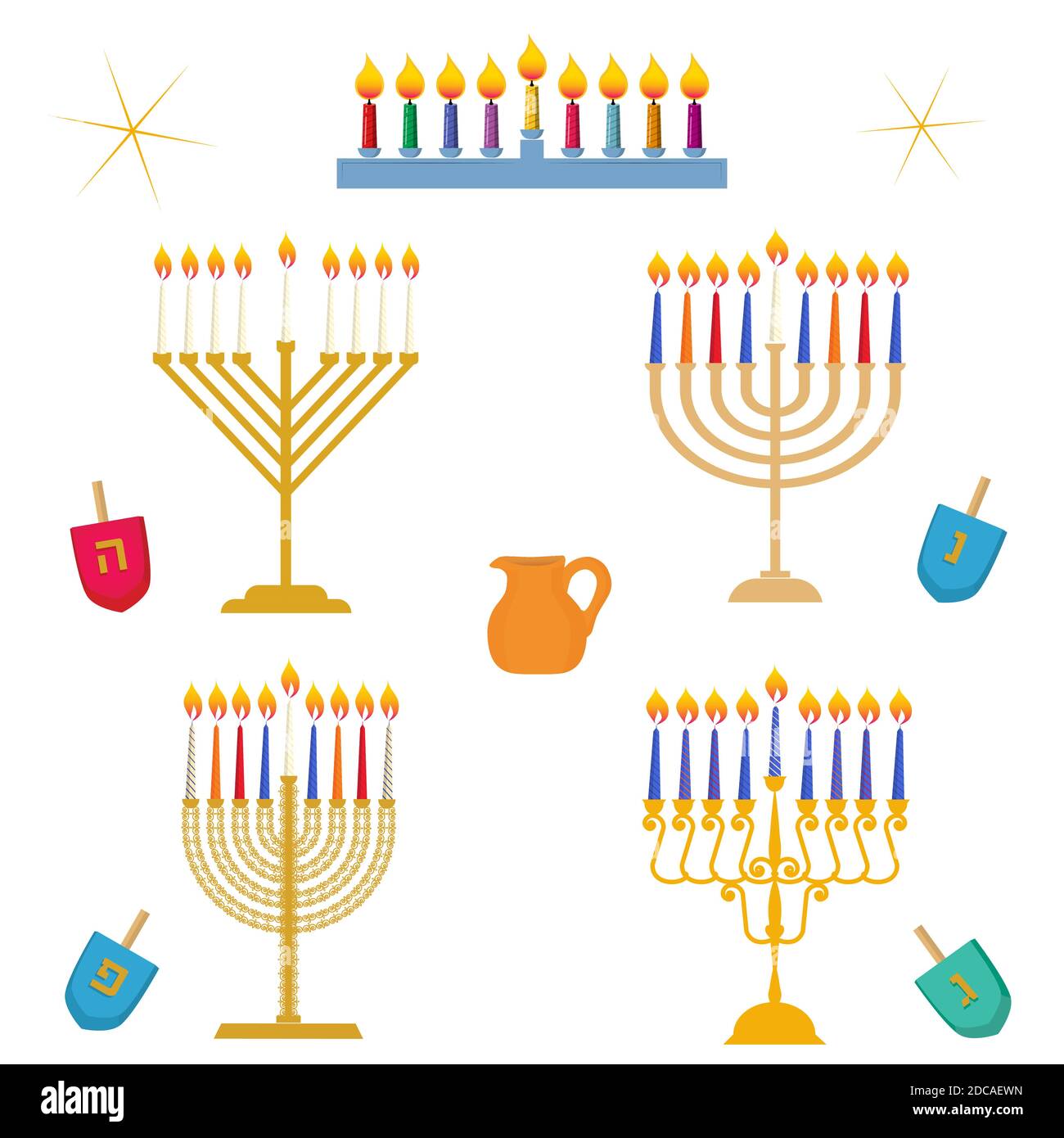 Different types of Hanukkah, Festival of Light, traditional golden menorah candelabrum with colorful candles vector set Stock Vector