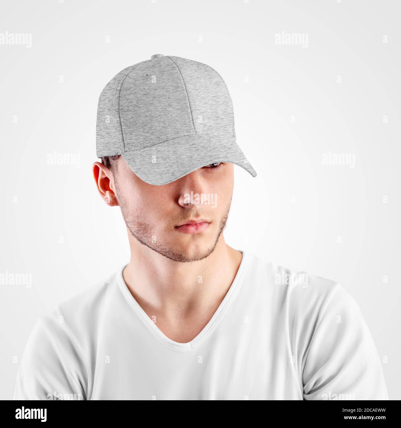 Mockup of gray heather baseball cap on a man's head, isolated on background, front view. Template of a sports, fashionable panama with a visor, for th Stock Photo