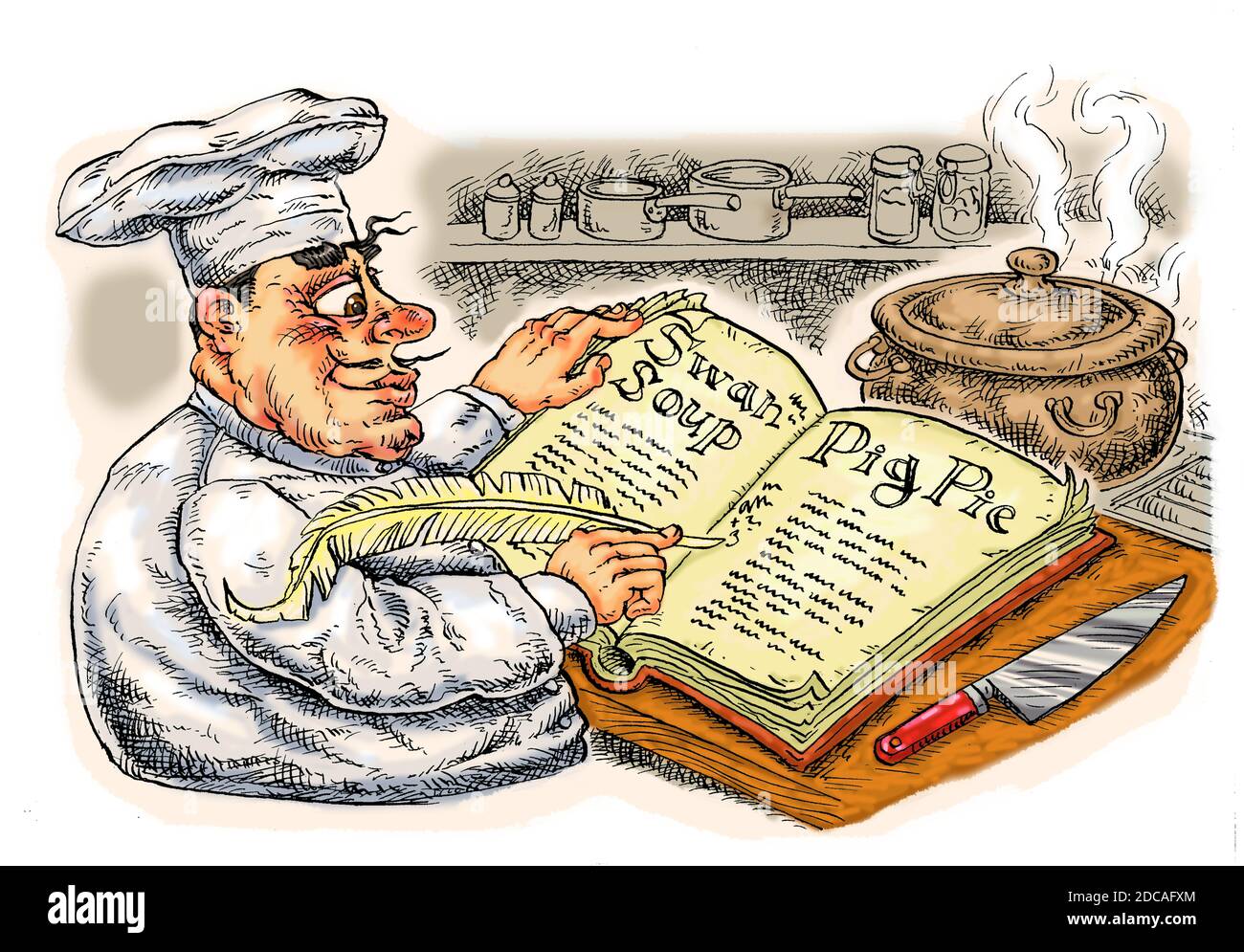 Art work illustration of a chef cook preparing recipes from an historical /traditional recipe book Christmas festive holiday season entertaining food. Stock Photo
