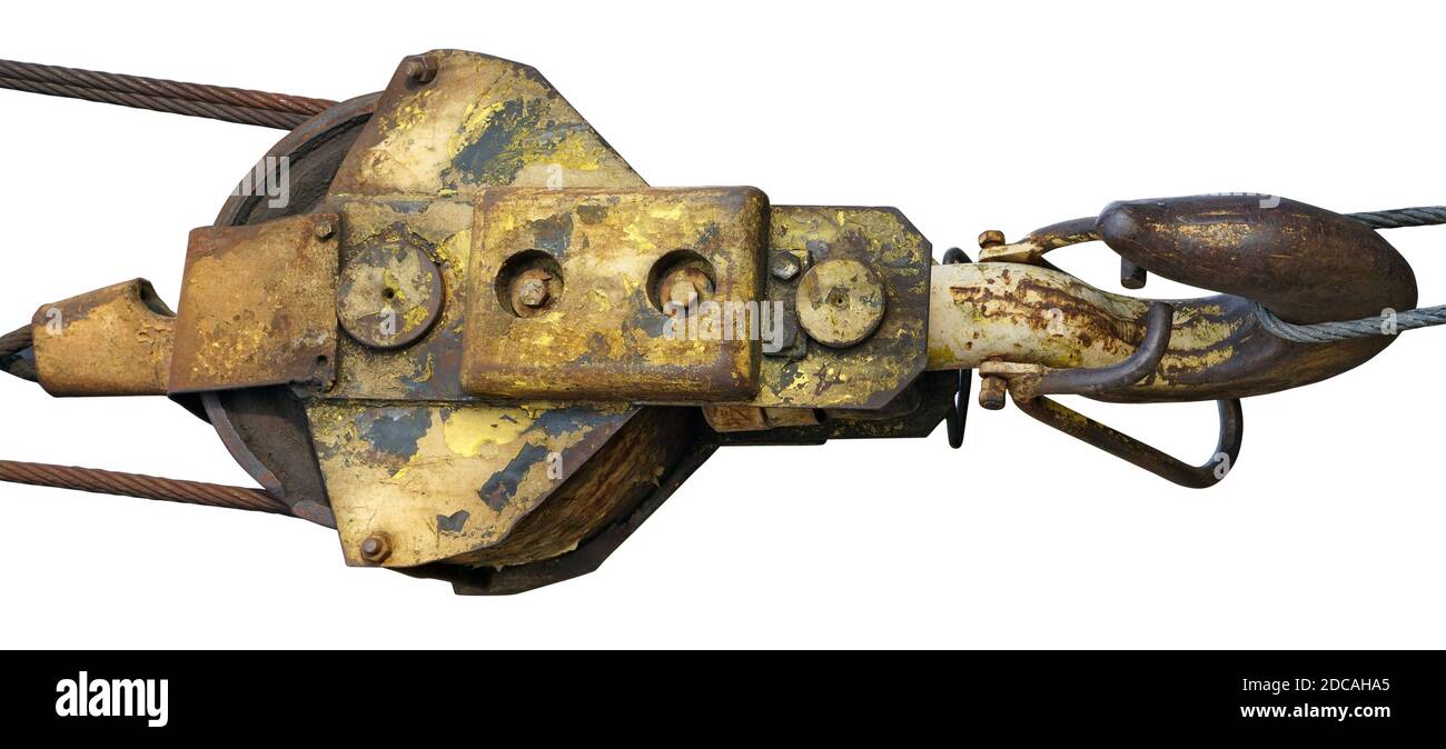 Steel hook and winch of an old rusty crane Stock Photo