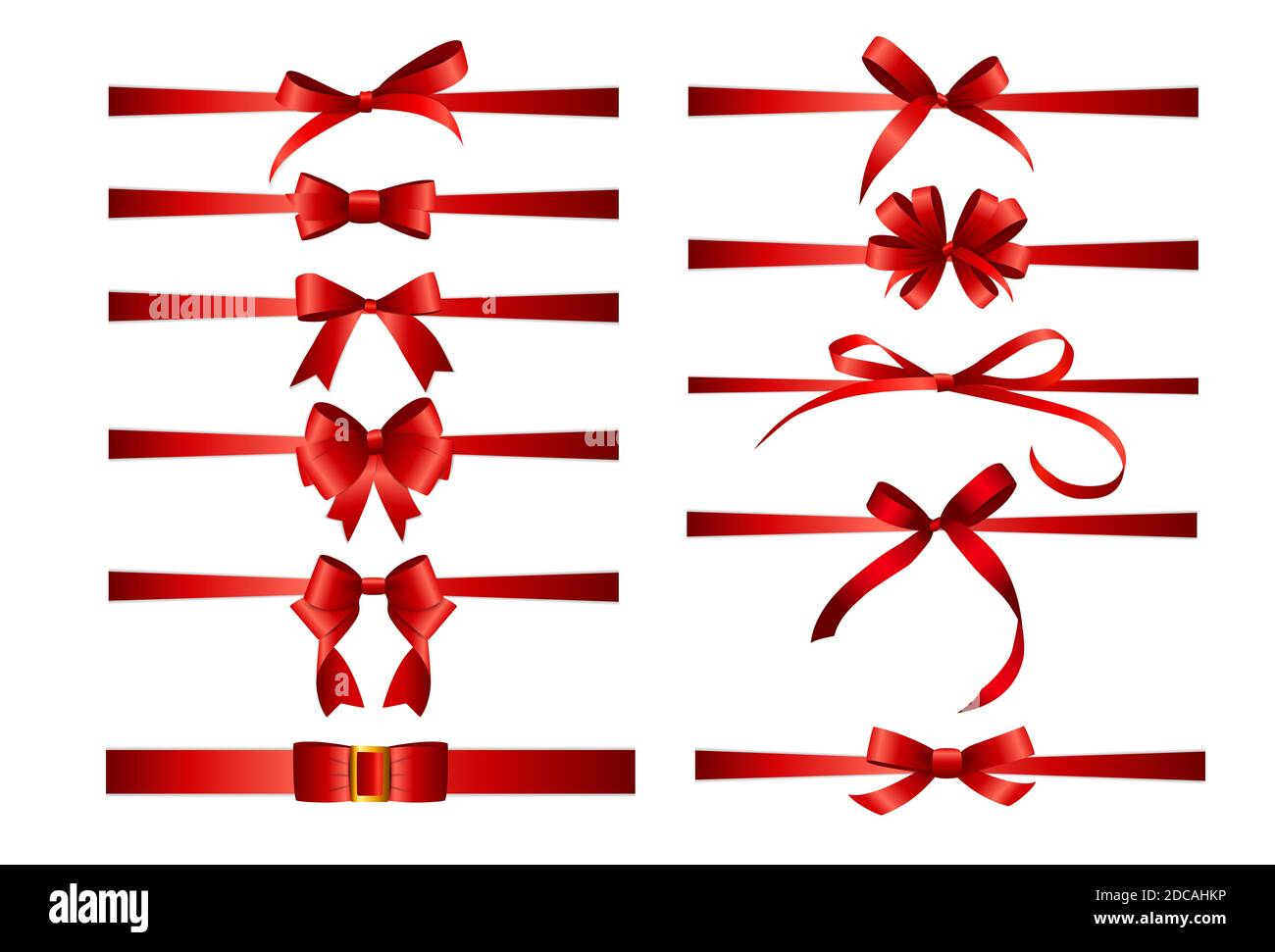 Collection Set of red bows with horizontal ribbon isolated on white ...