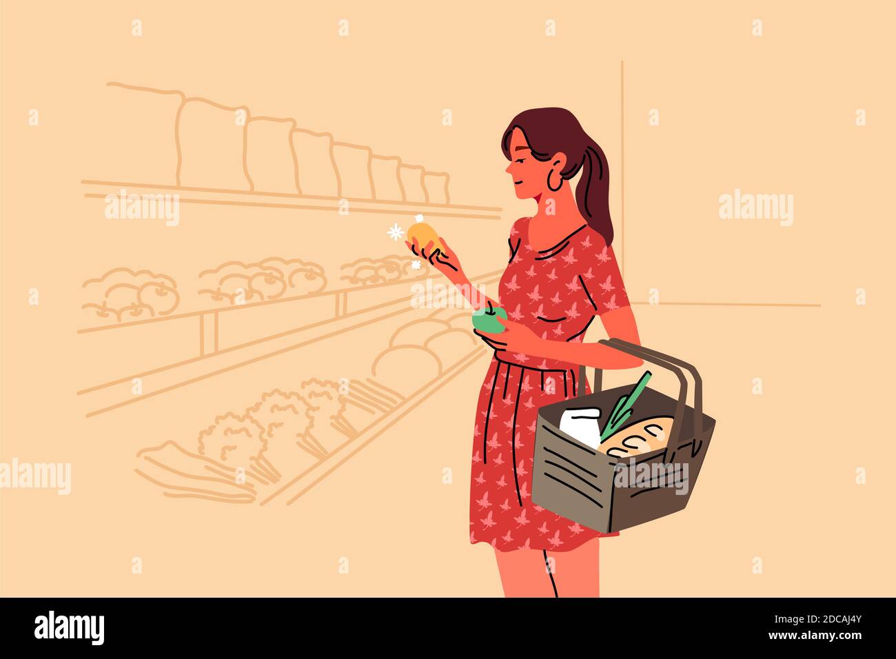 Shopping, sale, coice, store, buy concept. Young woman buyer consumer customer character choosing food products in grocery shop supermarket holding fr Stock Vector