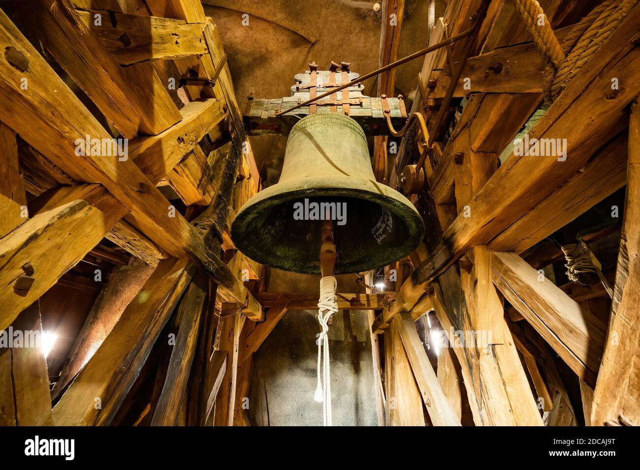 Bell in tower of the church in Cesky Krumlov Stock Photo
