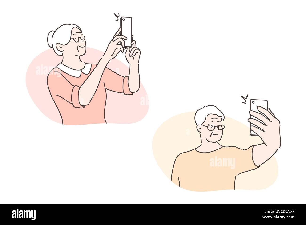 Elder people take selfie, social media set concept. Old man and woman take selfie using mobile phone or smartphone. Techonologically advanced grandfat Stock Vector