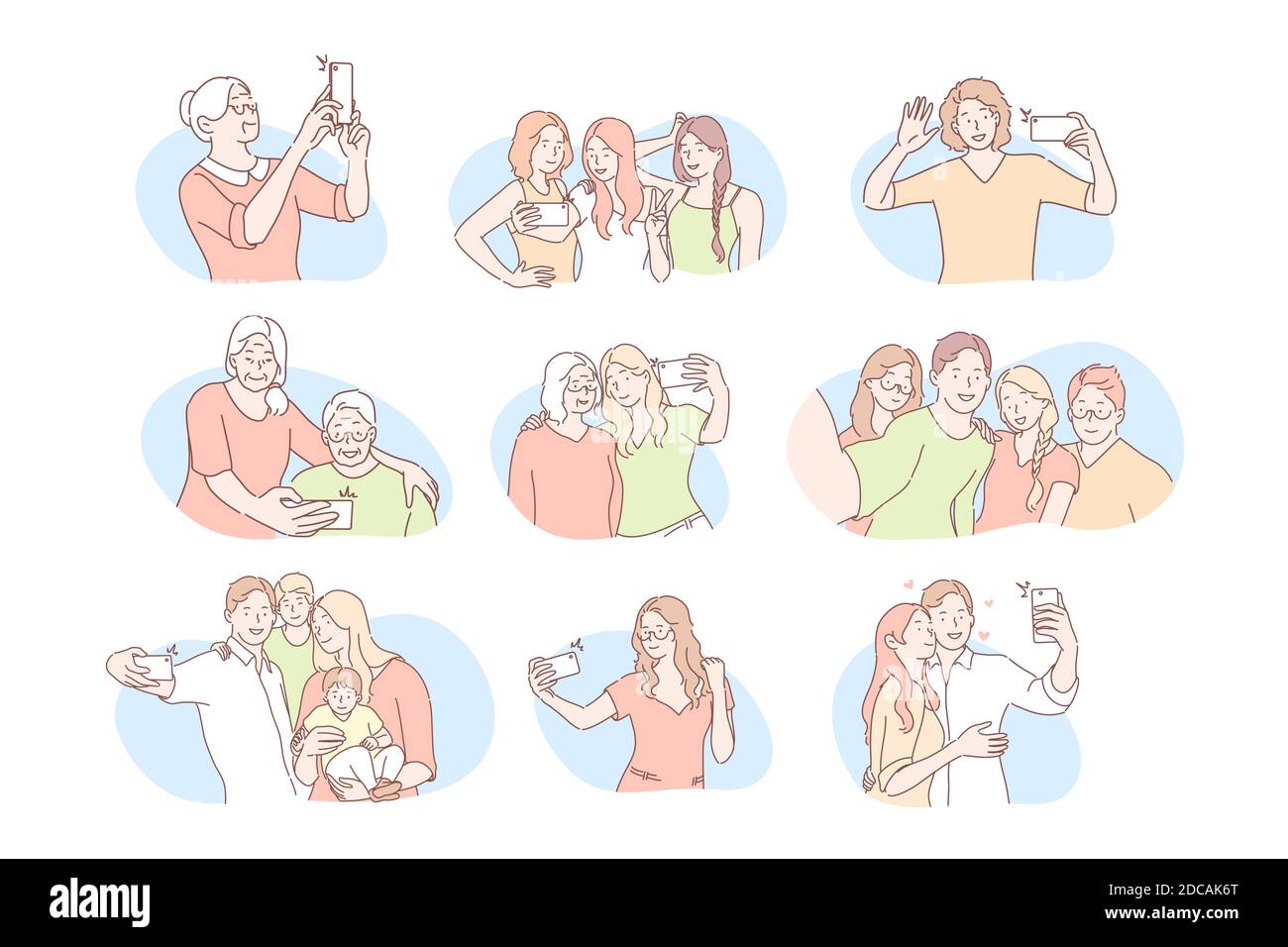 Social media communication, selfie set concept. Collection of young and elder men and women taking selfie using mobile phones. Groups of people make p Stock Vector