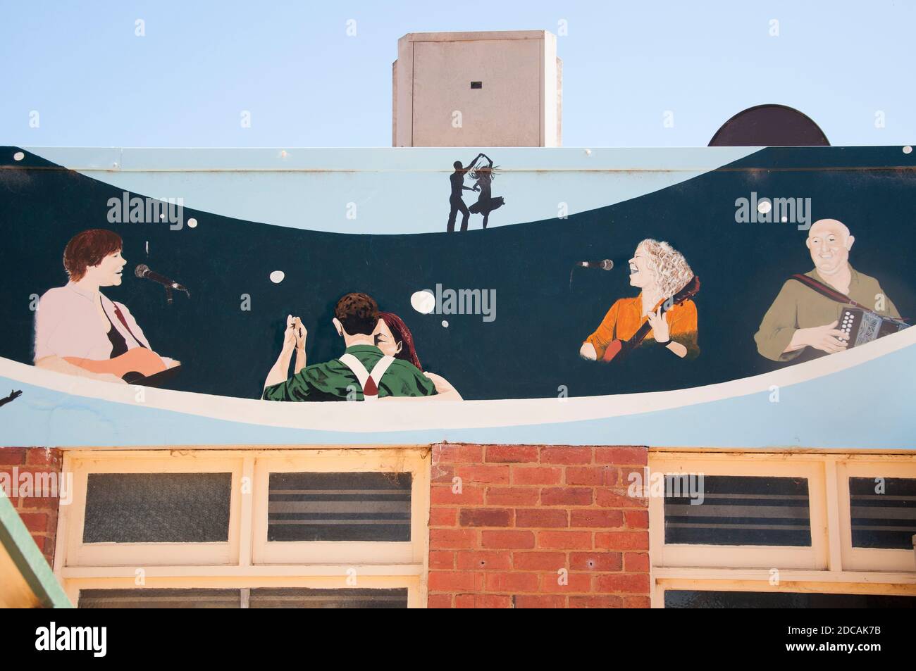 Mural celebrating the annual local music festival at the hotel in the remote wheat-farming township of Patchewollock, northwest Victoria. Australia Stock Photo