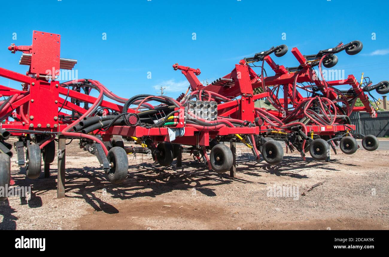 Agricultural equipment for sale at a dealership in Sea Lake, in the Mallee wheat-growing district of northwestern Victoria, Australia Stock Photo