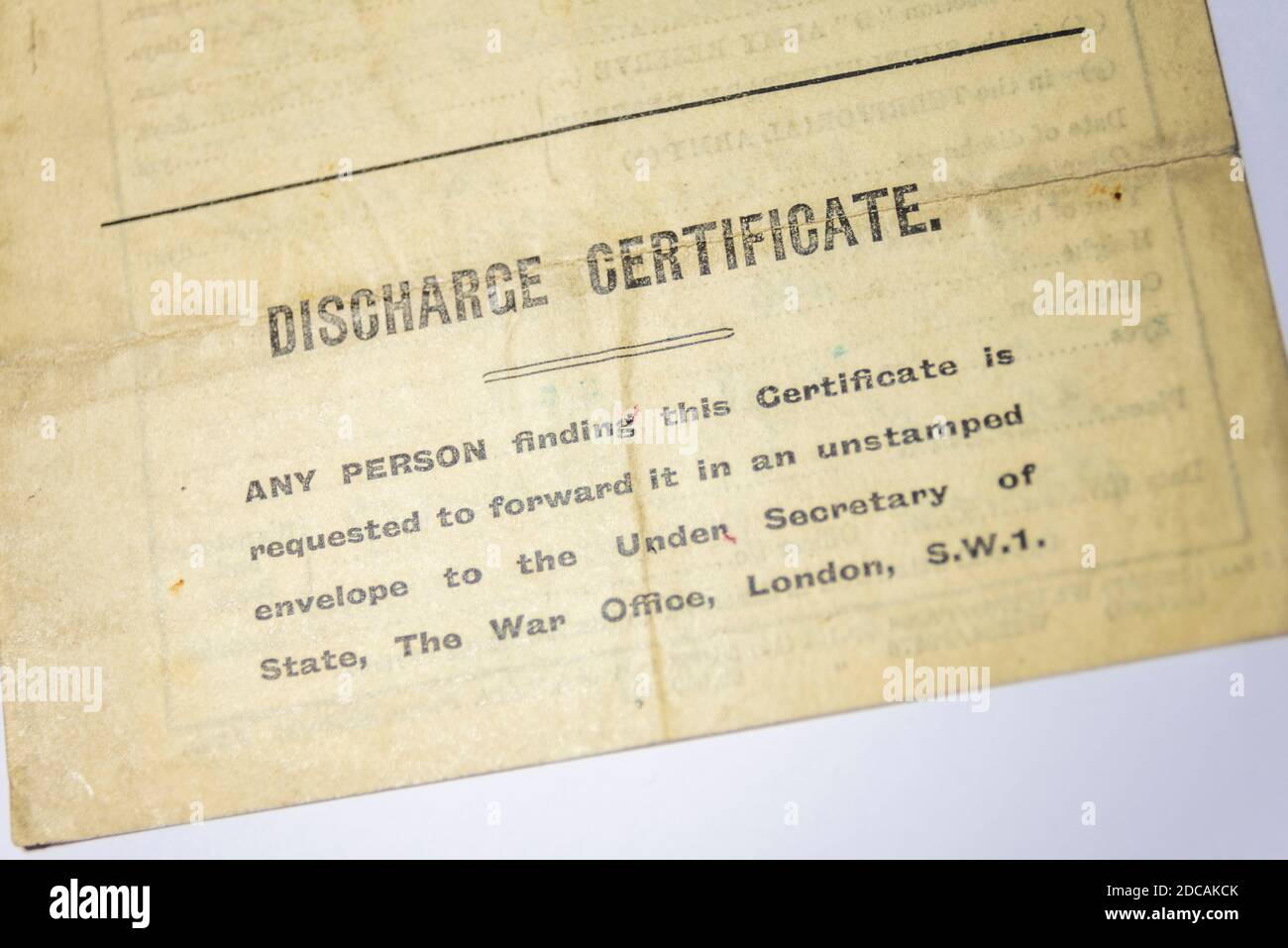First World War discharge certificate issued by the Under Secretary of State, The War Office, London, SW1 Stock Photo