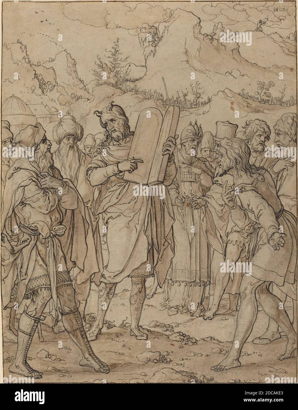 Jan Swart van Groningen, (artist), Dutch, c. 1500 - 1553 or after, Moses Delivering God's Commandments to the Israelites, pen and black ink and brown wash on laid paper, overall: 25.9 x 20 cm (10 3/16 x 7 7/8 in Stock Photo
