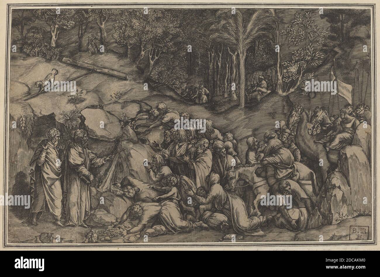 Lorenzo de Musi, (artist), Italian, active 1554, Moses Striking the Rock, engraving Stock Photo