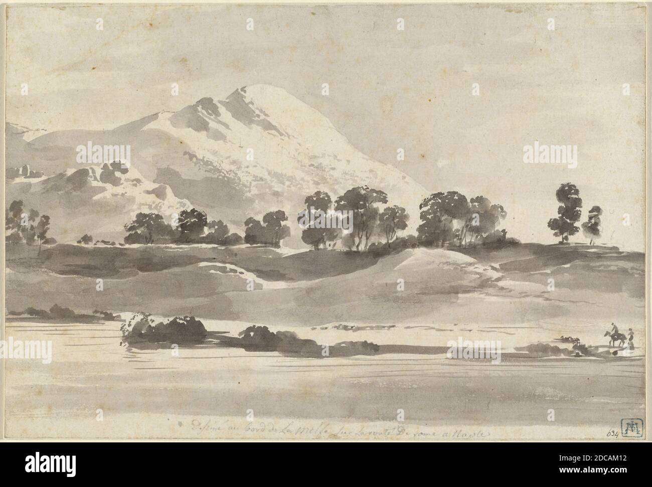 Jean-Jacques de Boissieu, (artist), French, 1736 - 1810, Mount Cairo from across the Melfa River, c. 1765/1766, brush and gray wash on laid paper; laid down, overall: 16.1 x 23.9 cm (6 5/16 x 9 7/16 in Stock Photo