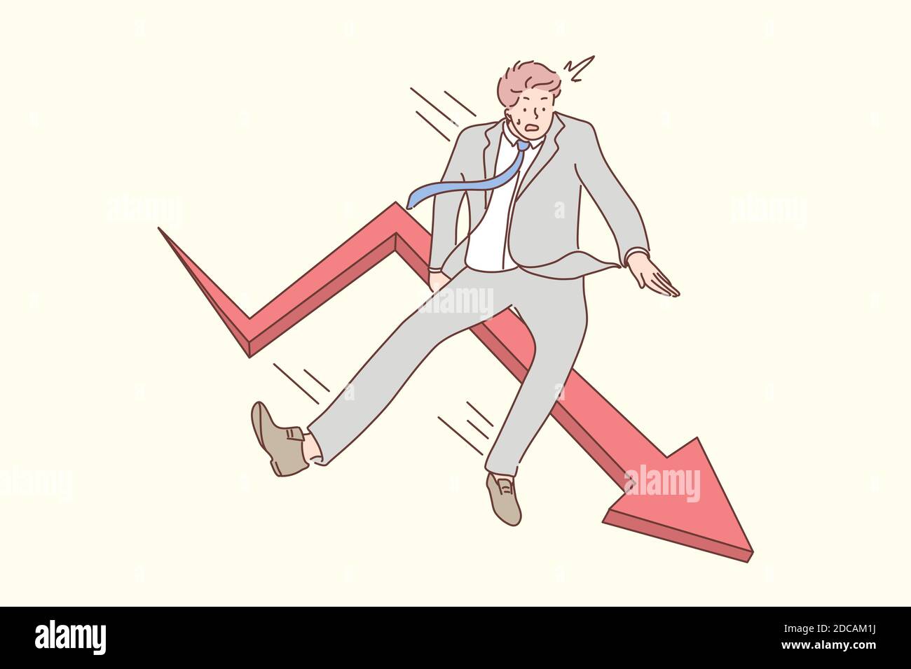 Business, fall, bankruptcy concept. Young scared businessman manager bankrupt cartoon character falling down from red arrow. Economic failure investme Stock Vector