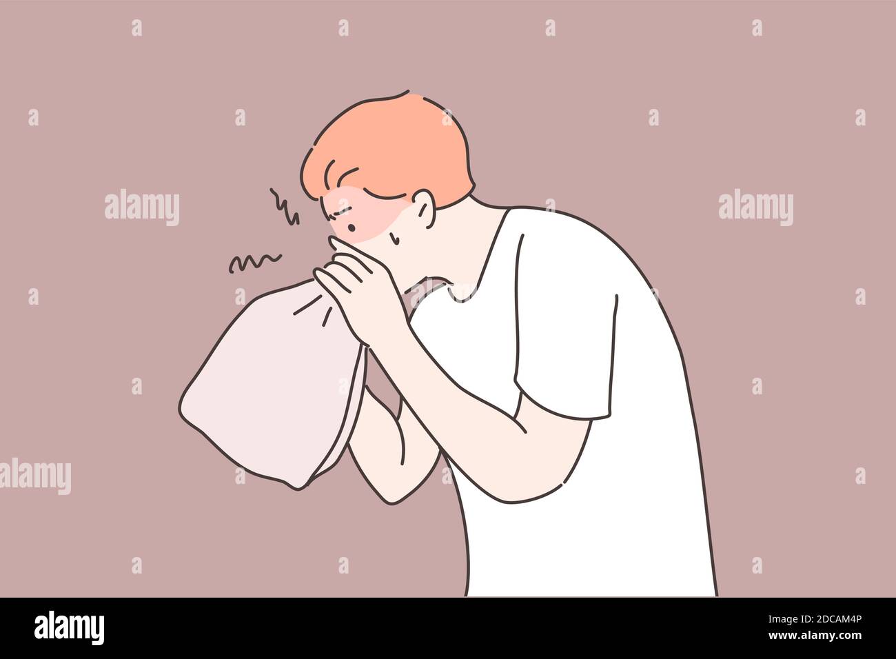 Panic attack, stress, fear concept. Young mentally stressful man or boy teenager cartoon character breathing in paper bag trying to calm down. Neurosi Stock Vector