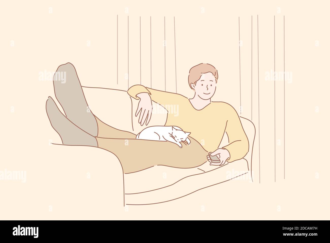 Home rest, watching TV, pet, leisure time concept. Young man or boy laying on couch with sleeping white cat, holding remote control from TV set. Rest Stock Vector