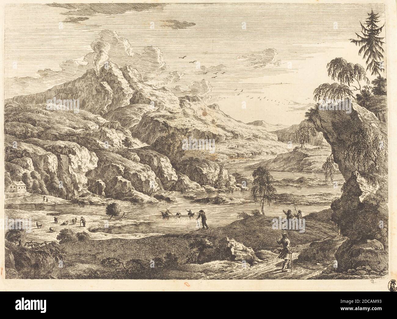 Georg Eisenmann, (artist), German, active last third 18th century, Mountainous Riverscape with Figures, Set of Six Landscapes with Figures and Rural Buildings, (series), etching Stock Photo