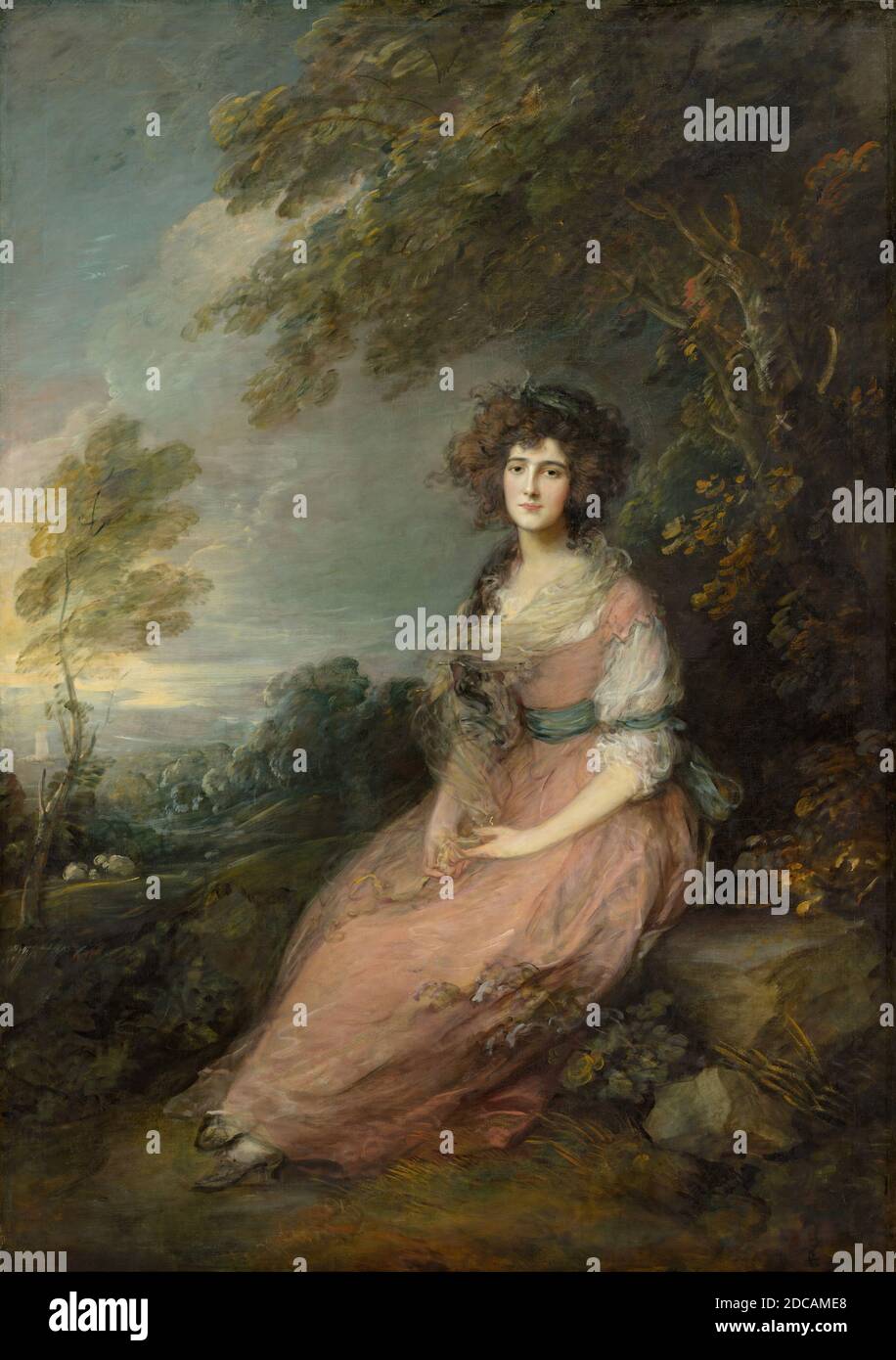 Thomas Gainsborough, (artist), British, 1727 - 1788, Mrs. Richard Brinsley Sheridan, 1785-1787, oil on canvas, overall: 219.7 x 153.7 cm (86 1/2 x 60 1/2 in.), framed: 251.5 x 185.4 x 14 cm (99 x 73 x 5 1/2 in.), Elizabeth Linley's beauty and exceptional soprano voice brought her professional success in concerts and festivals in Bath and London. After marrying Sheridan in 1773 she left her career to support and participate in her husband's activities as politician, playwright, and orator. Sheridan's work was immensely popular Stock Photo