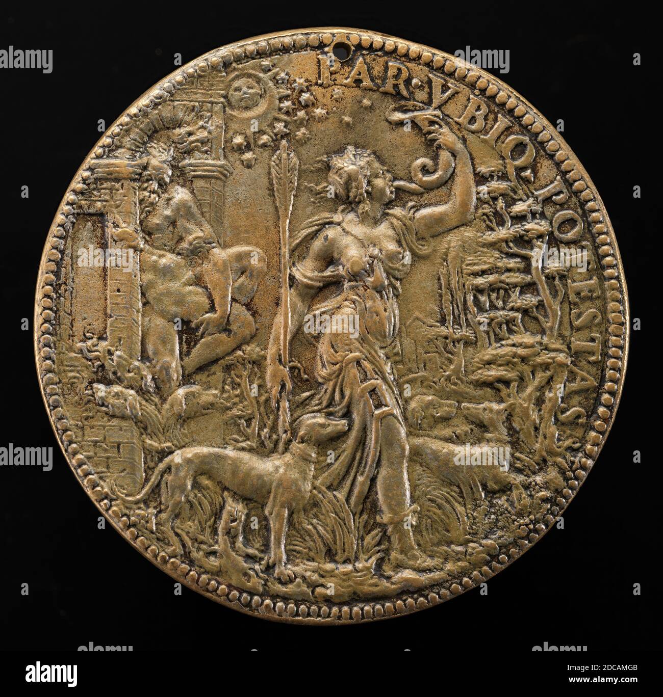 Leone Leoni, (artist), Milanese, c. 1509 - 1590, Ippolita as Diana with Hunting Dogs in a Landscape; behind her Pluto and Cerberus, 1551, bronze, overall (diameter): 6.8 cm (2 11/16 in.), gross weight: 95.47 gr (0.21 lb.), axis: 12:00 Stock Photo