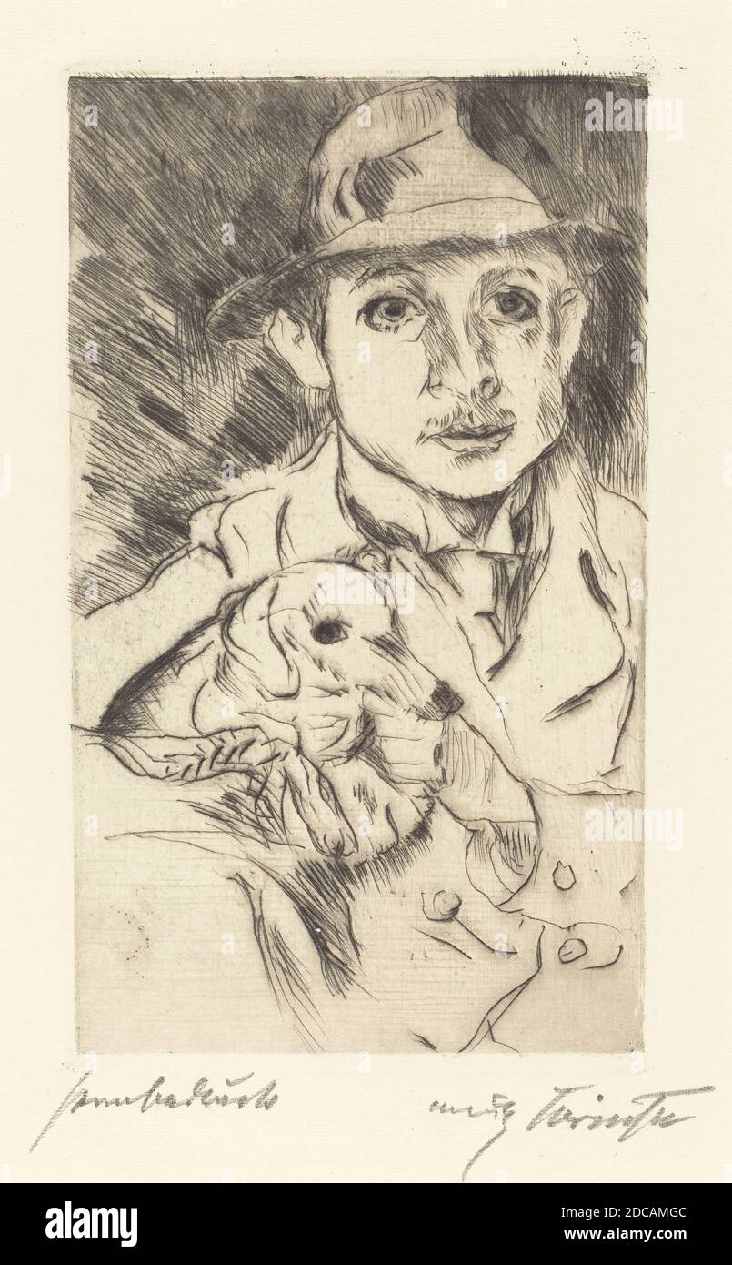 Lovis Corinth, (artist), German, 1858 - 1925, Fritz Gurlitt, (publisher), German, 1854 - 1893, Knabe mit Hund (Boy with Dog), 1915, drypoint in black on wove paper, plate: 14.7 x 8.6 cm (5 13/16 x 3 3/8 in.), sheet: 23.9 x 17.9 cm (9 7/16 x 7 1/16 in Stock Photo