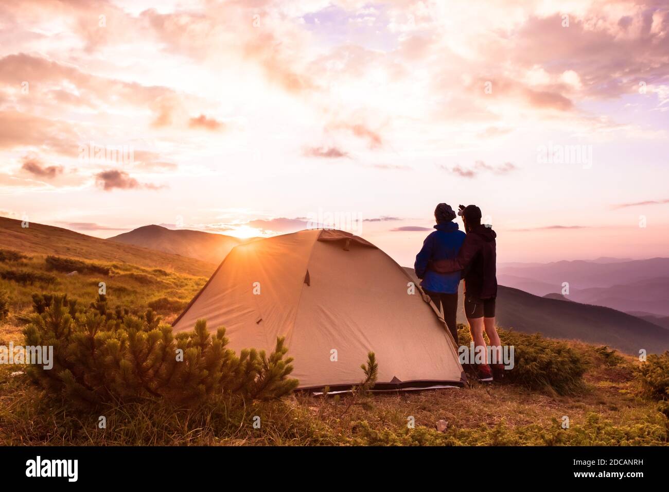 Camping and couple on the top of high mountains Tatry Stock Photo