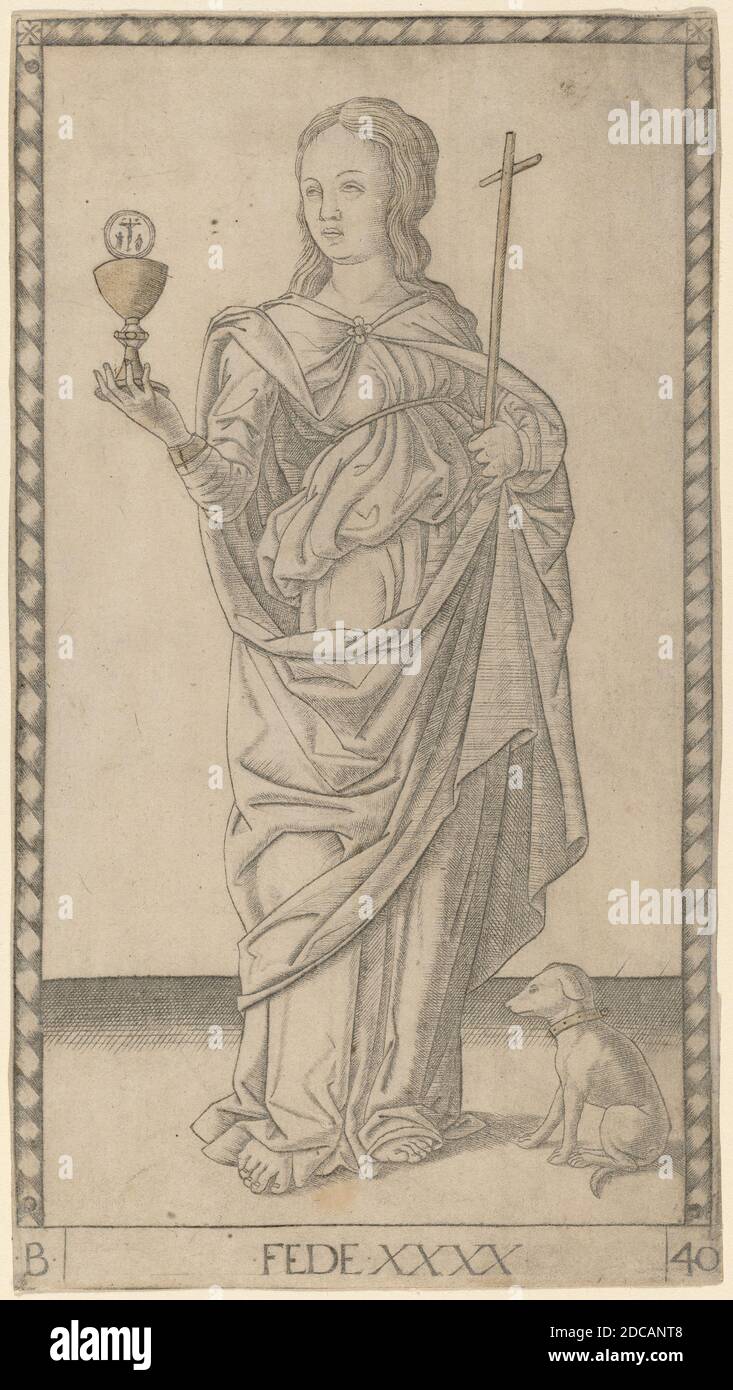 Master of the E-Series Tarocchi, (artist), Ferrarese, active c. 1465, Fede (Faith), E-Series (Virtues): no.XL, (series), c. 1465, engraving with gilding, sheet: 17.8 x 9.9 cm (7 x 3 7/8 in Stock Photo