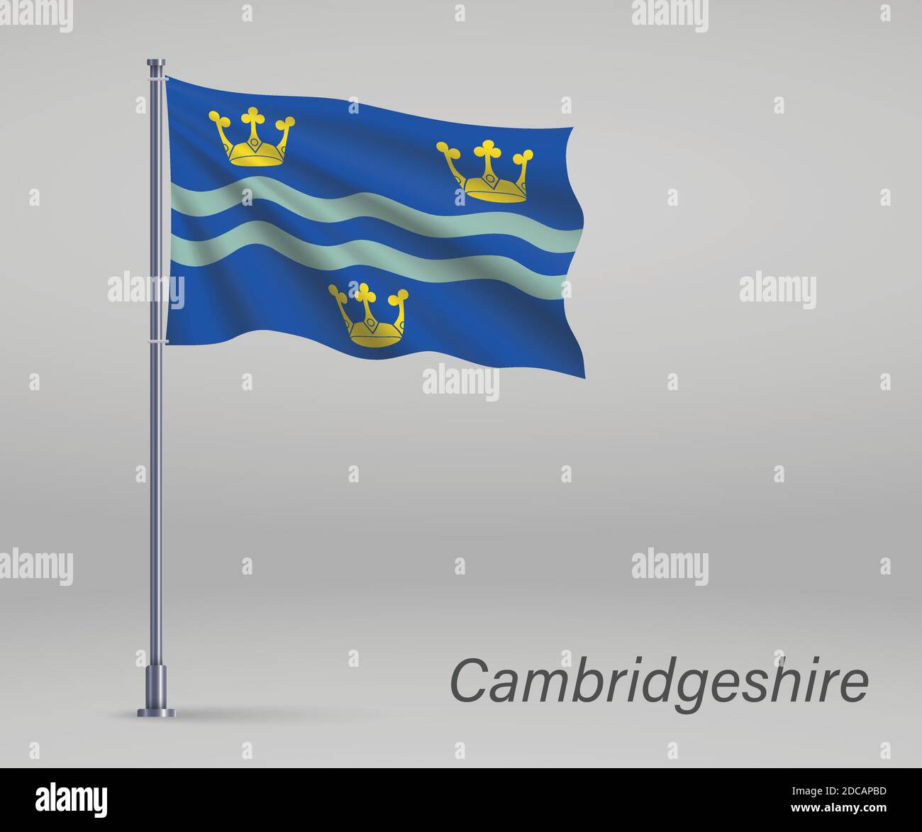Waving flag of Cambridgeshire - county of England on flagpole. Template for independence day Stock Vector