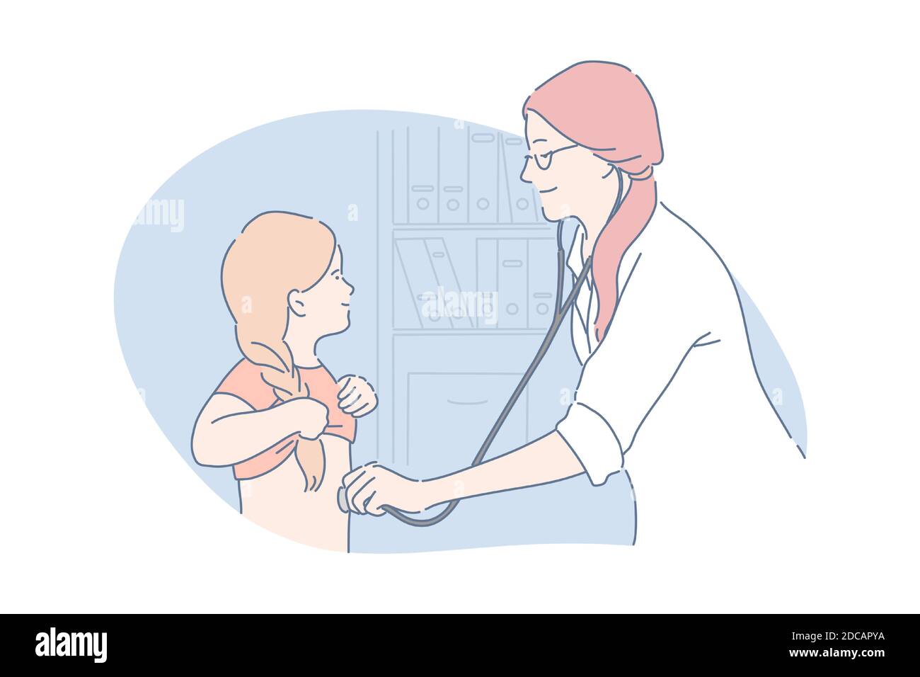 Pediatric care, health, medicine concept. Young woman pediatrician examinates child. Girl pediatrics doctor checks kids health. Medical worker listens Stock Vector