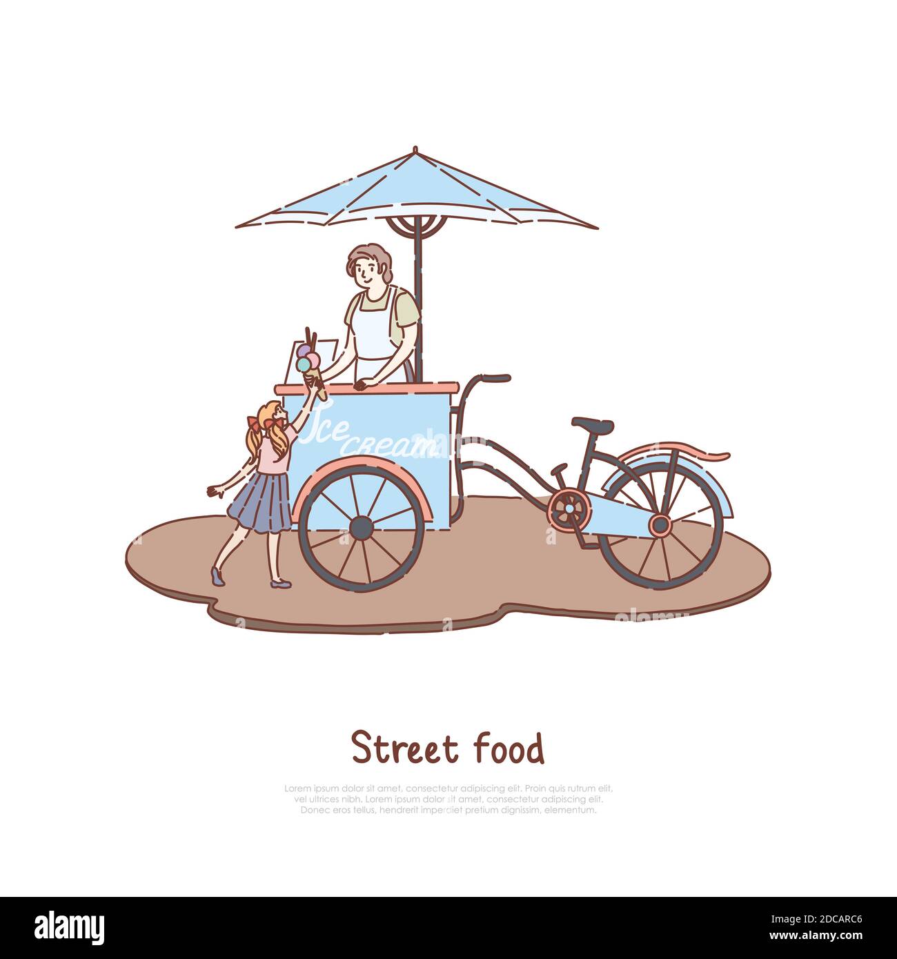 Woman in apron selling sweet dessert, vendor and little child, delicious dairy, summer refreshment, street food banner. Ice cream bicycle, trolley con Stock Vector