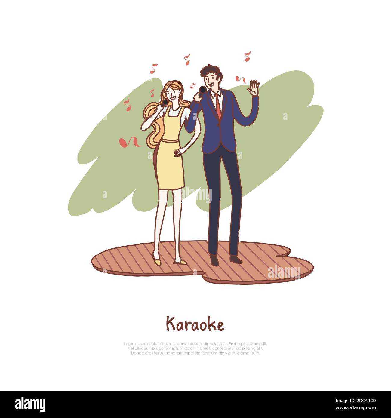 Happy man and woman holding microphones, husband and wife singing duet