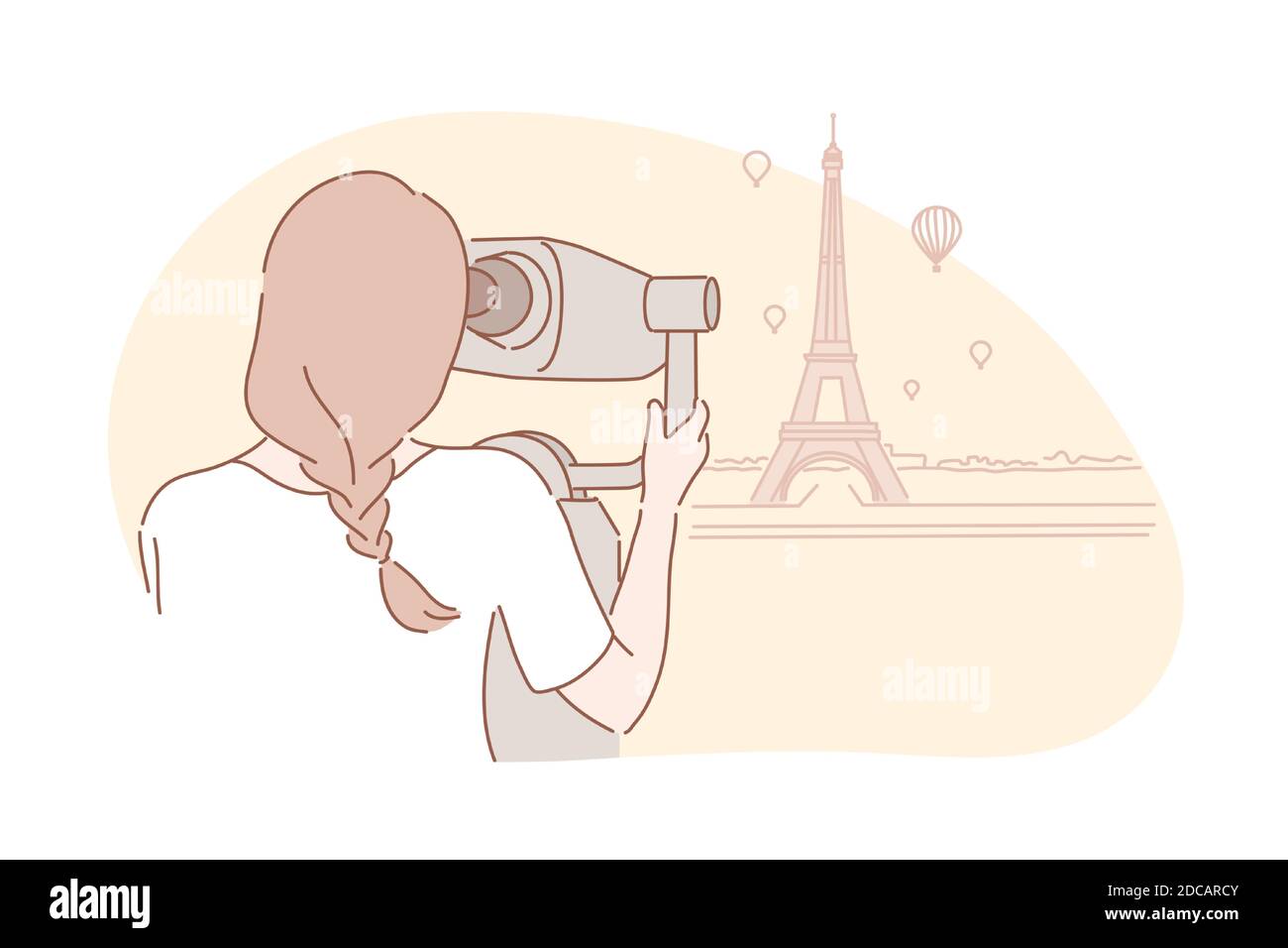 Sightseeng, travel, tourism concept. Young adventurous woman traveller looks at Eiffel tower. Girl tourist is on vacation in Paris. Eiffel tower is fa Stock Vector
