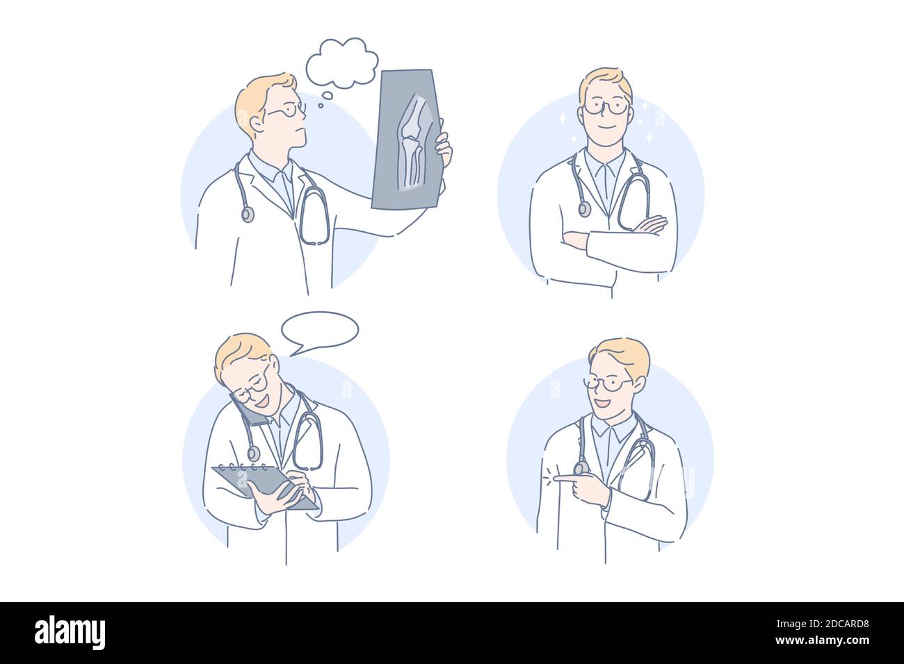 Doctor, therapist, medicine set concept. Man doctor looks at results of examination talking on mobile phone. Young boy therapist makes offer. Intern i Stock Vector