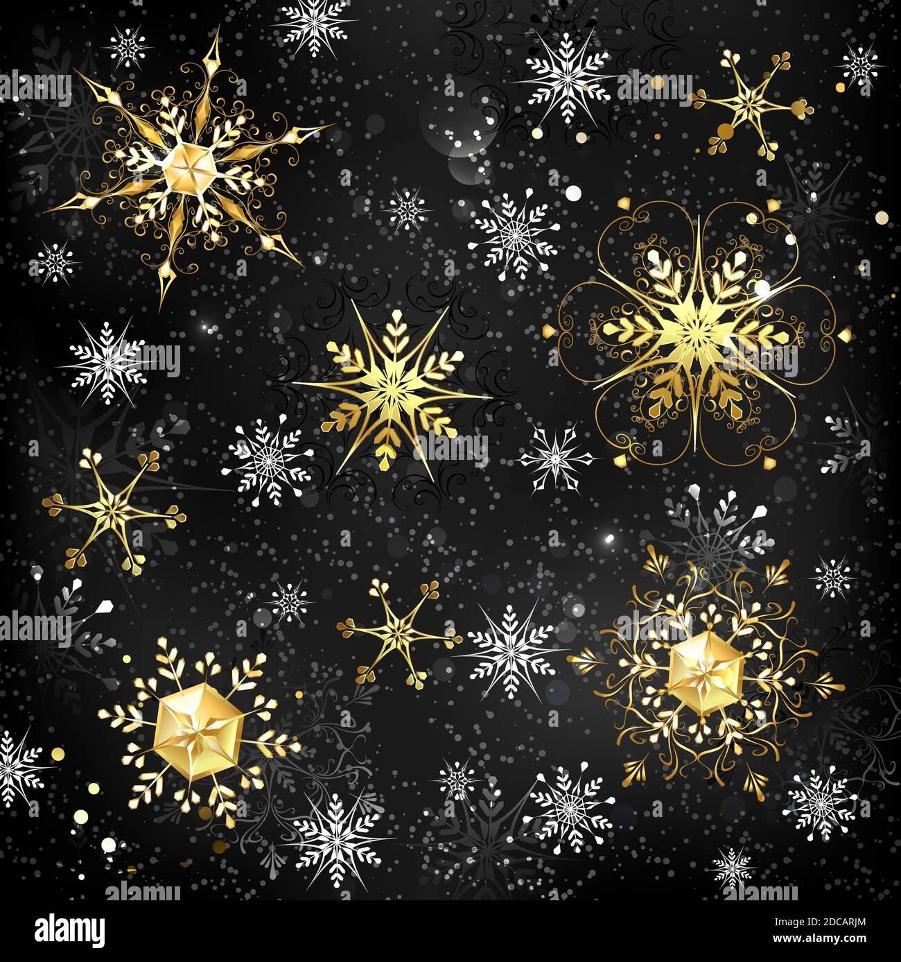 Black Christmas background with gold and black jewelry snowflakes