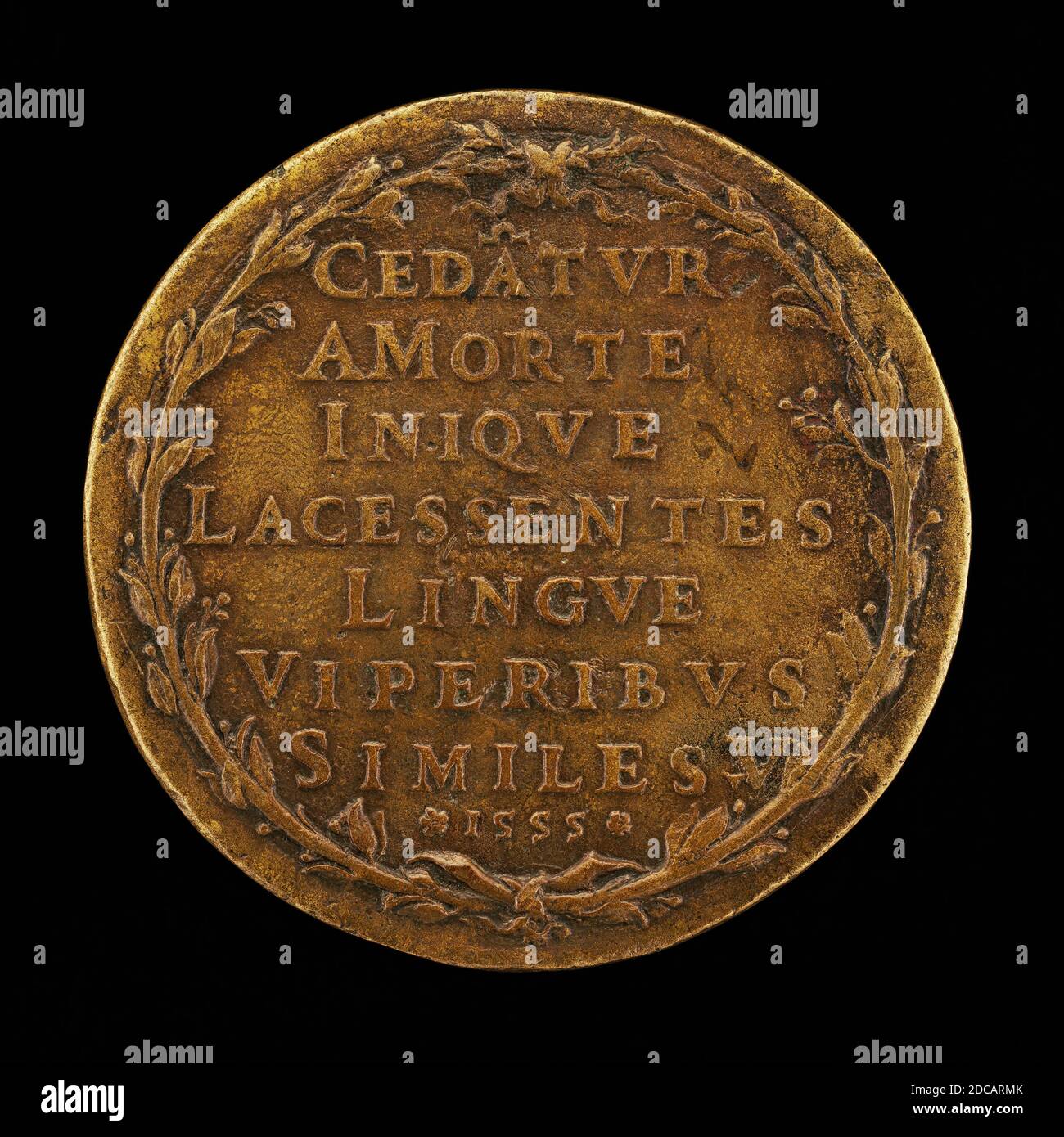 Master I.A.V.F., (artist), Venetian, active 16th century, Inscription in a Laurel Wreath, 1555, bronze, overall (diameter): 5.7 cm (2 1/4 in.), gross weight: 83.76 gr (0.185 lb.), axis: 12:00 Stock Photo