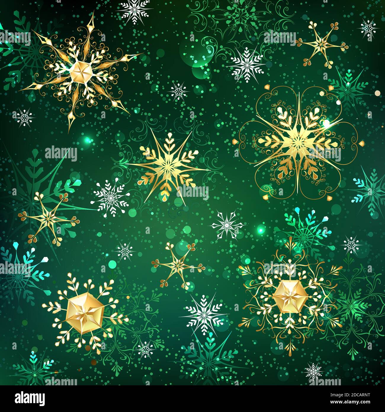 Green Christmas background with gold and green jewelry snowflakes. Golden  snowflakes. Xmas Stock Vector Image & Art - Alamy