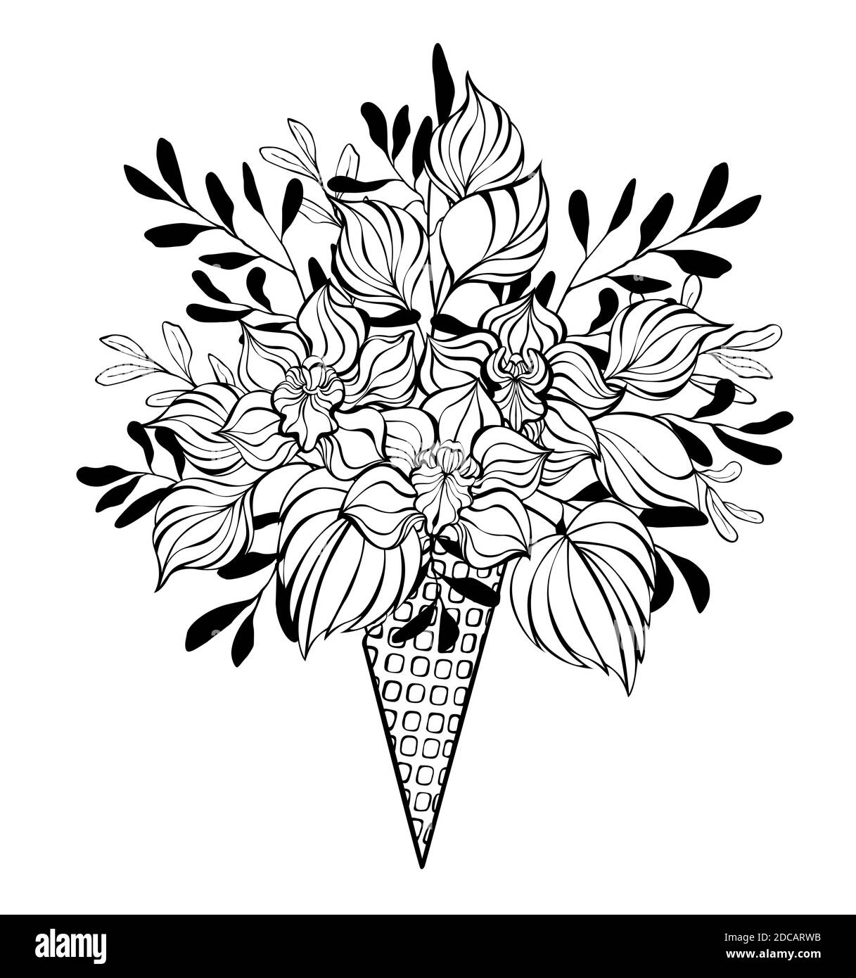 Contour waffle cone with bouquet of artistic, contour orchids and decorative plants drawn in black outline on white background. Coloring. Stock Vector