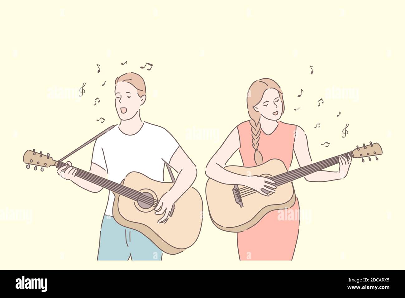 Music band, playing guitar, duet singing concept. Friends playing musical  instruments. Young guitarists amateur performance. Musicians couple with  aco Stock Vector Image & Art - Alamy