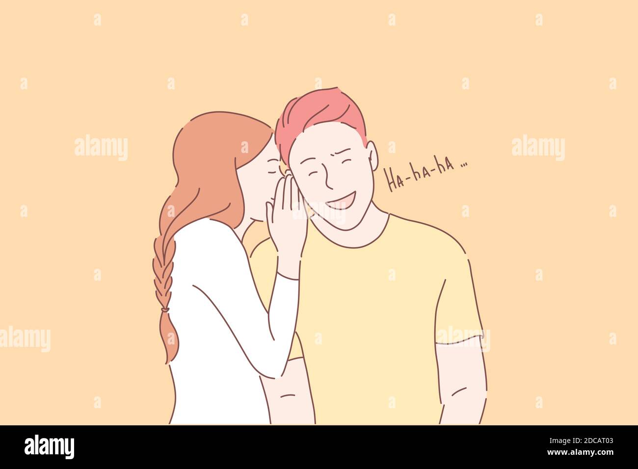 Telling jokes, funny secrets, gossiping concept. Young girl sharing secrets, whispering in sweetheart ear. Cute boy laughing at girlfriend story. Roma Stock Vector
