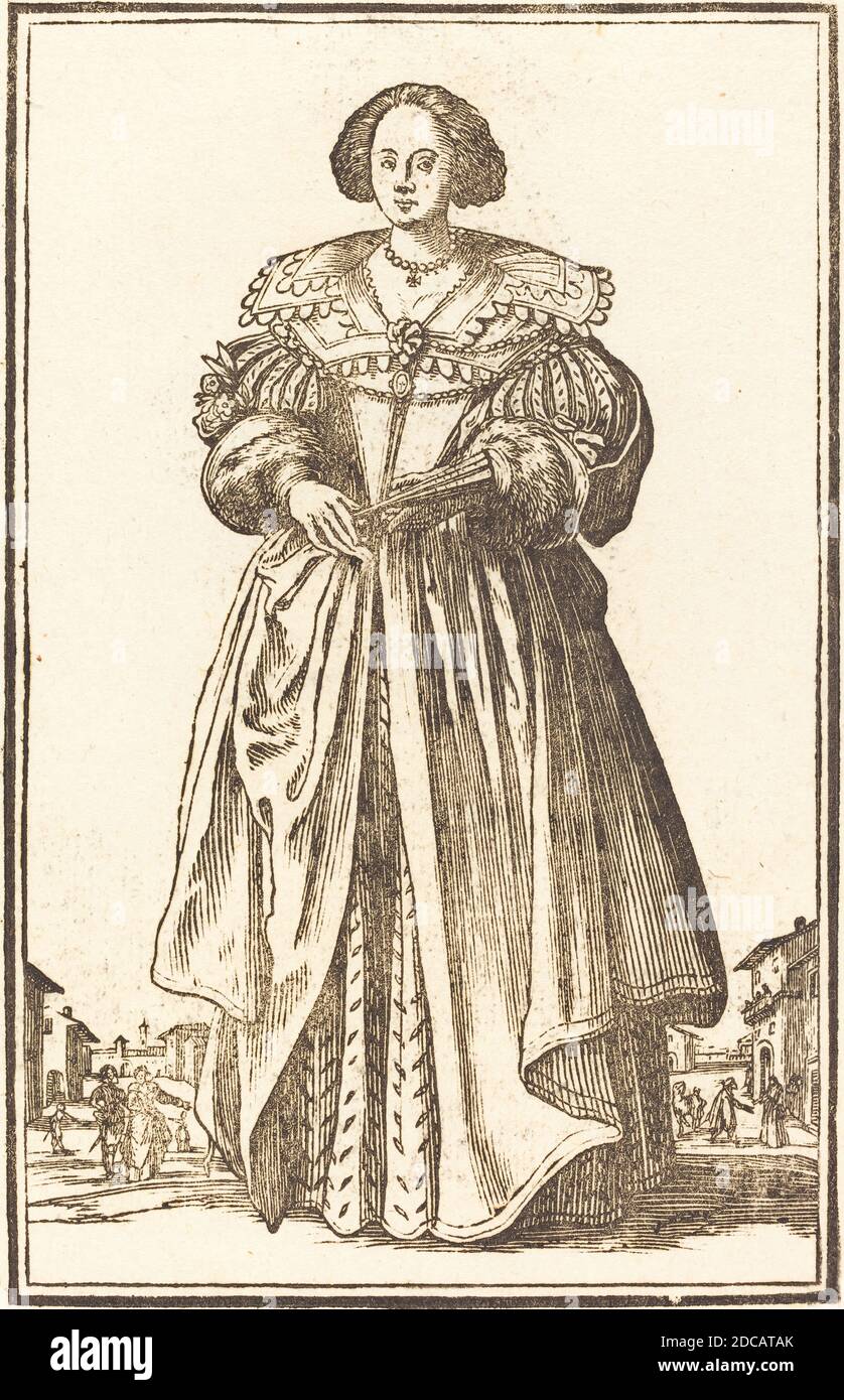 French 17th Century, (artist), Jacques Callot, (artist after), French, 1592 - 1635, Noble Woman with Fan, The Nobility of Lorraine, (series), woodcut Stock Photo