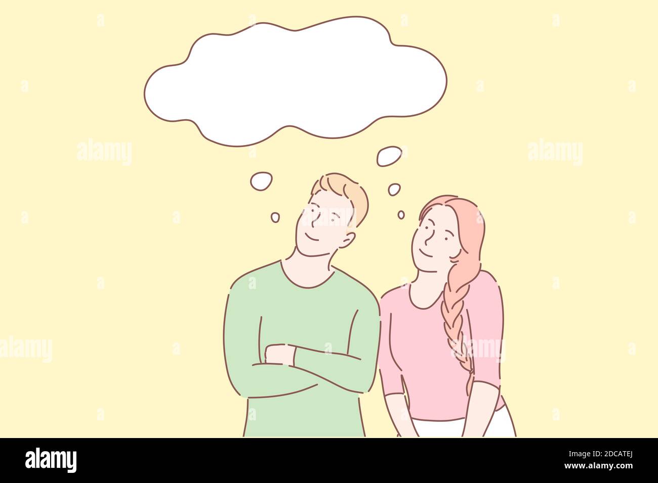 Common dreams, similar thoughts, sharing views concept. Happy family couple having same plans. Daydreaming metaphor. Boyfriend and girlfriend total un Stock Vector