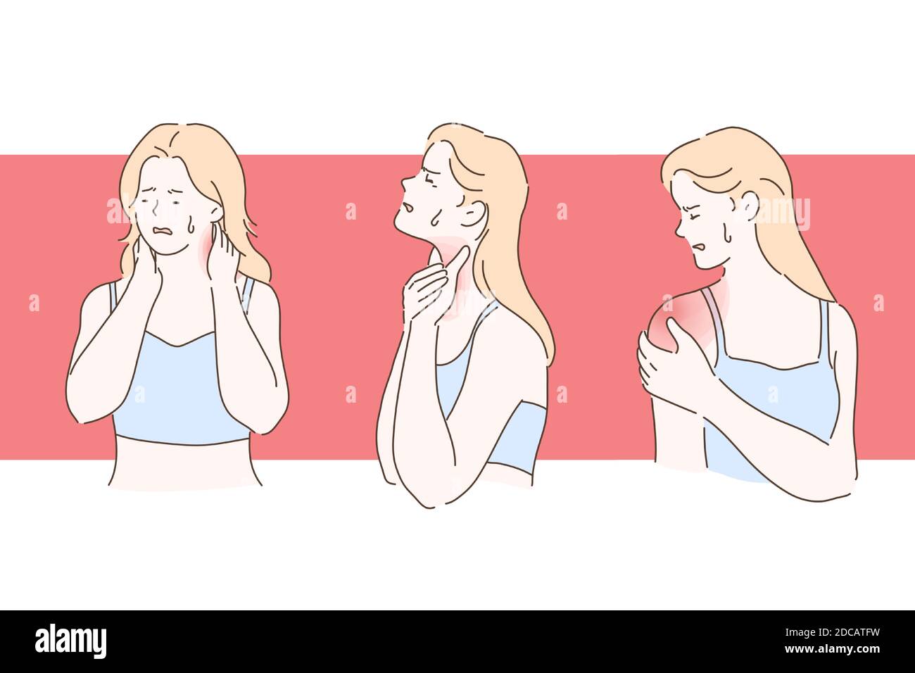 Young girl with arthralgia concept. Patient with sore throat, stretched