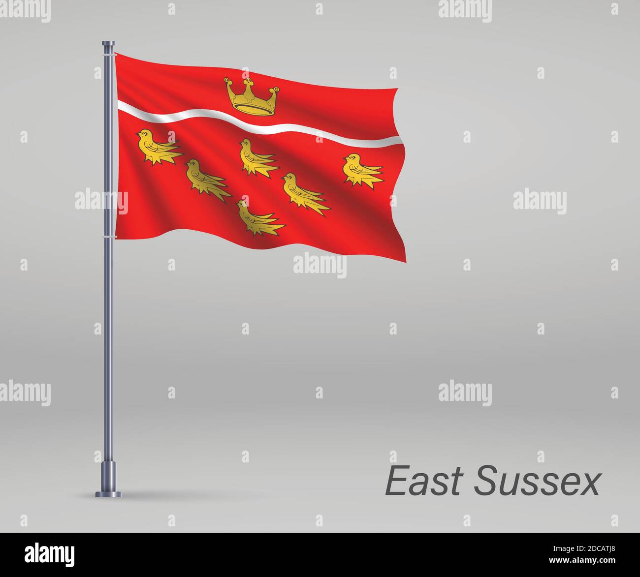 Waving flag of East Sussex - county of England on flagpole. Template for independence day Stock Vector