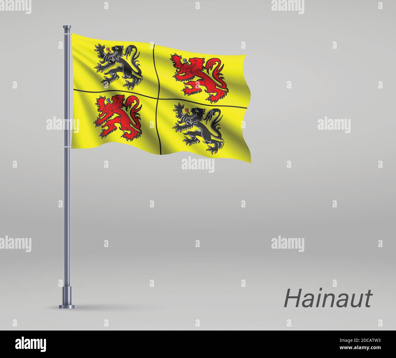 Waving flag of Hainaut - province of Belgium on flagpole. Template for independence day Stock Vector