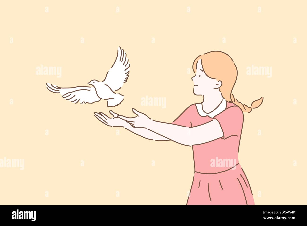 Peace symbol, freedom metaphor concept. Girl letting go white dove, cute kid setting free pigeon with open arms gesture, female volunteer taking care Stock Vector