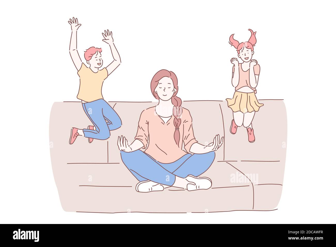 Motherhood, psychological balance concept. Mother meditating in lotus pose with excited kids jumping on sofa, relaxed mommy practicing yoga calming te Stock Vector