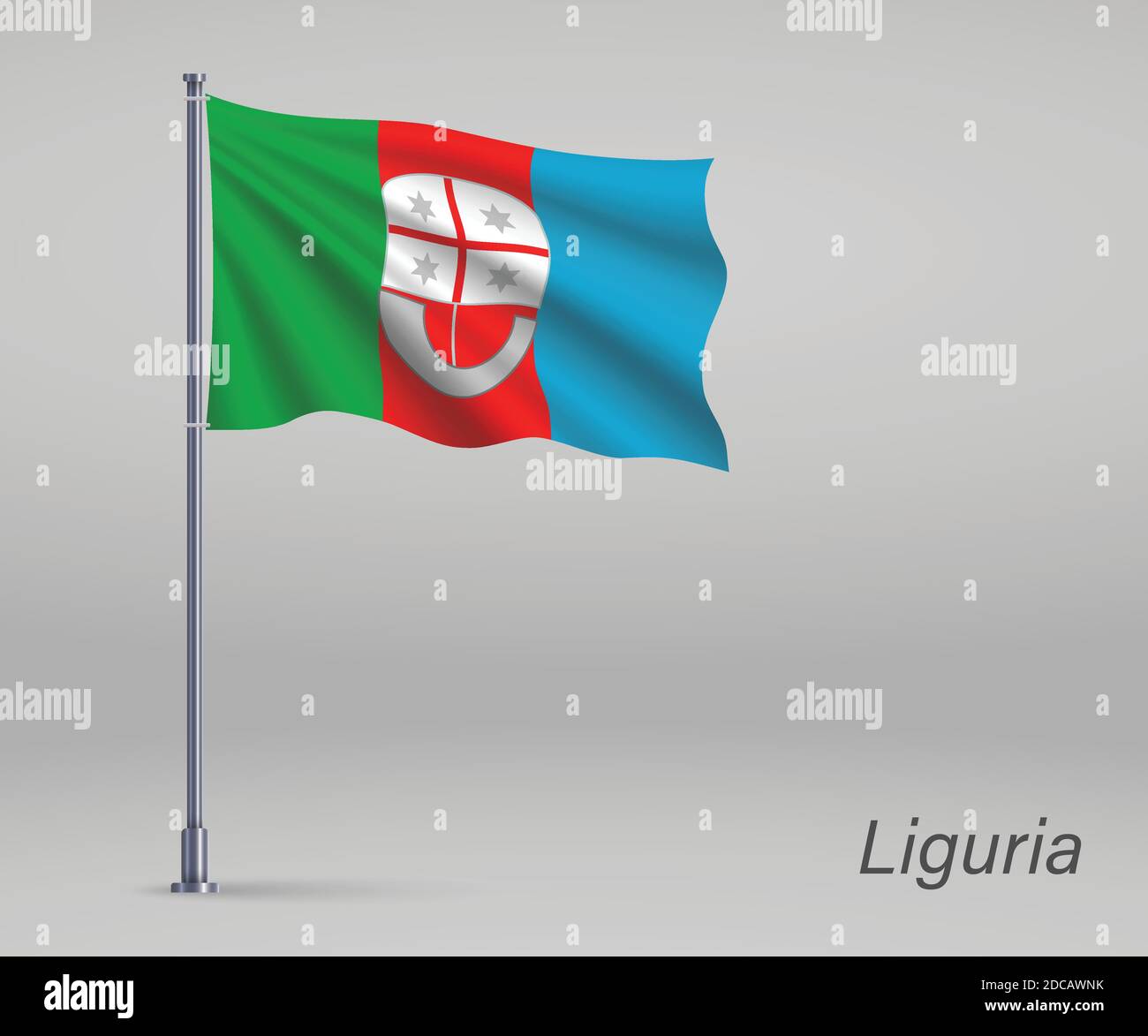 Waving flag of Liguria - region of Italy on flagpole. Template for independence day Stock Vector