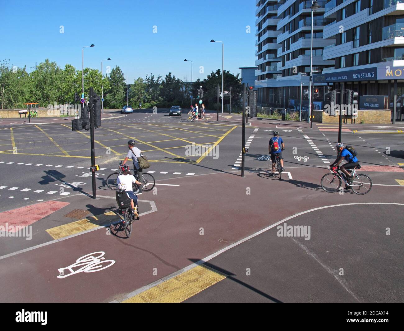 London, UK. The remodelled junction of Lea Bridge Road and Orient Way which includes segregated cycle lanes, part of Waltham Forests Mini-Holland plan Stock Photo