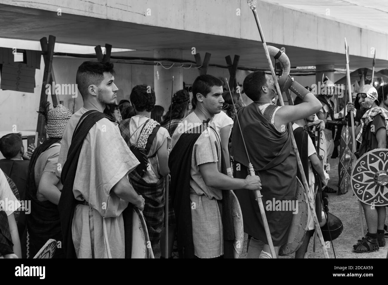 MERIDA, SPAIN - Sep 27, 2014: Several people dressed in the costume of ancient Celtic warrior in the first century is involved in historical reenactme Stock Photo